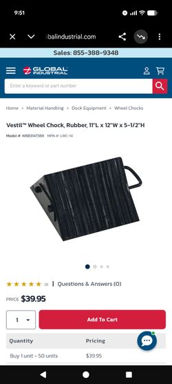 Vestil™ Wheel Chock, Rubber, 11"L x 12"W x 5-1/2"H
Model #: WBB(contact info removed)