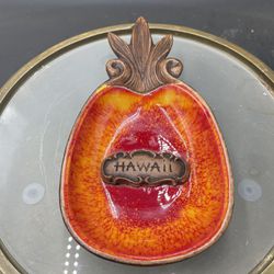 1969 Treasure Craft Hawaii Pineapple Shaped Trinket Dish MCM Red/Orange 8” VG 