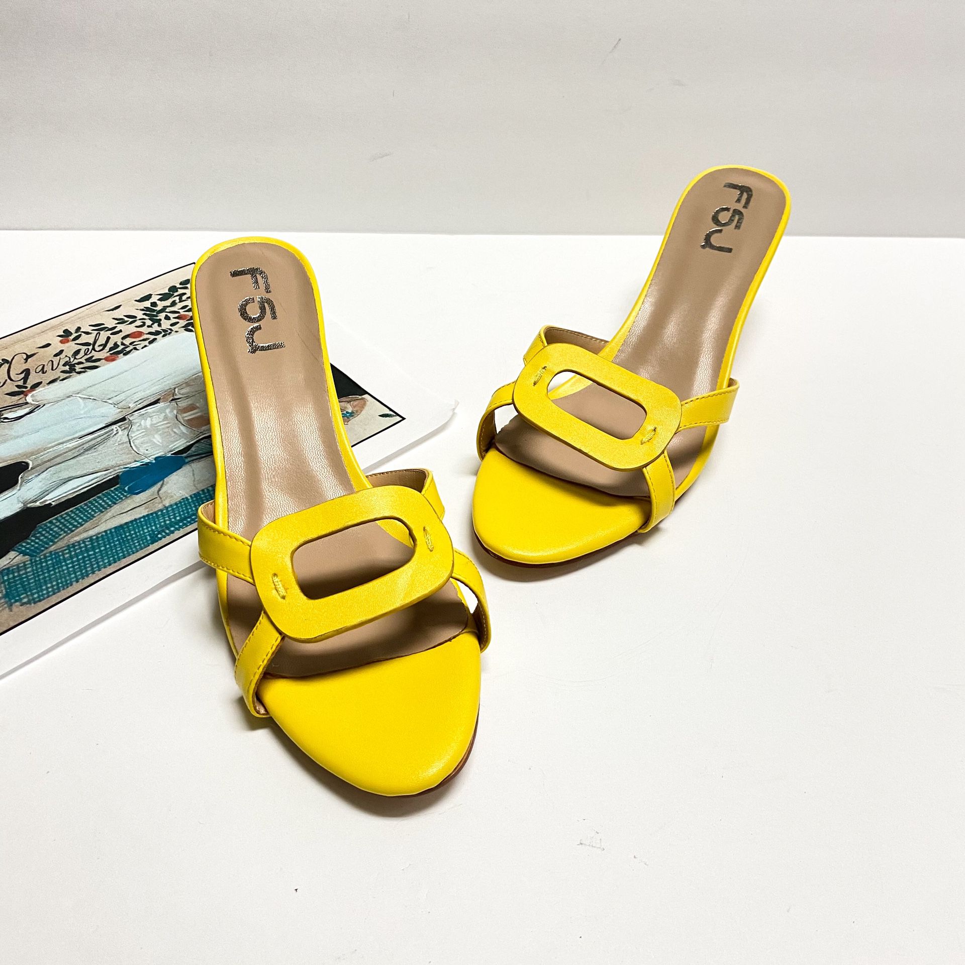 size 8.5 FSJ Women Summer Low Heels Sandals Open Toe Kitten Mules Cutout Slip On Casual Shoes