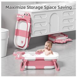 New -Collapsible Baby Bathtub for Newborn with Thermometer & 1 Hooded Towel & 1 Soft Floating Cushion,Portable Travel Bathtub with Drain Hole, Durable
