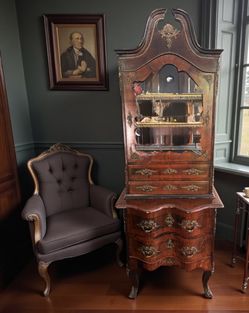 Antique 19th Century French Gilt Brass Walnut Secretary Display Cabinet Vitrine