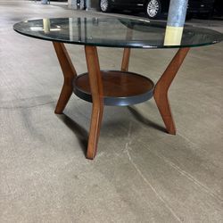 One Round Wood Coffee Table with Thick Glass Top