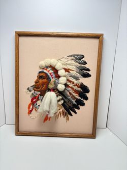 Vtg Sunset Designs Completed Crewel Indian Chief Framed Fiber Art Boho Western