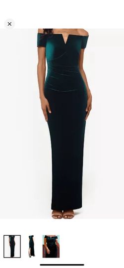 Xscape dark green velvet off the shoulder gown size 10