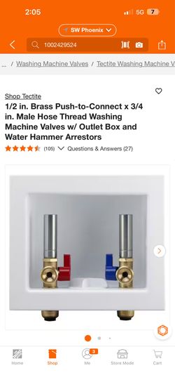1/2 in. Brass Push-to-Connect × 3/4 in. Male Hose Thread Washing Machine Valves w/ Outlet Box and Water Hammer Arrestors