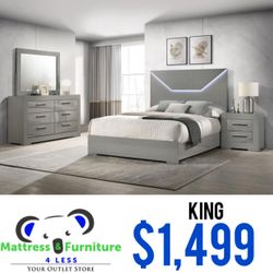 Ives 4-Piece King Bedroom Set Grey High Gloss