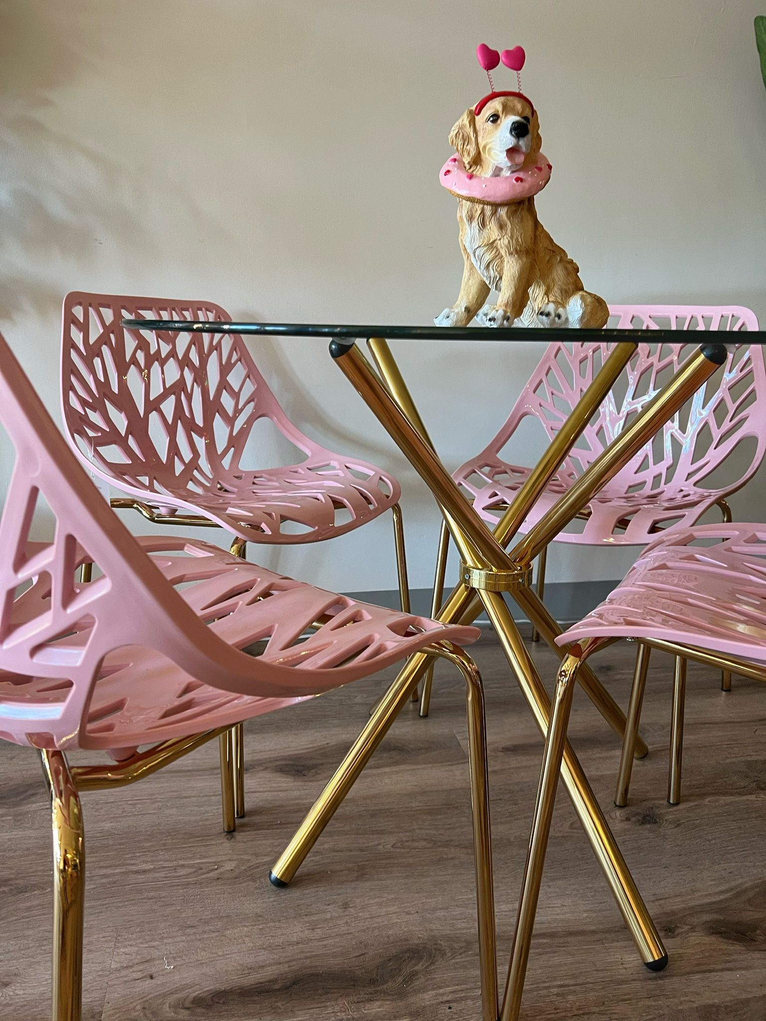 Pink Gold Round Dining Table Set For 4 People