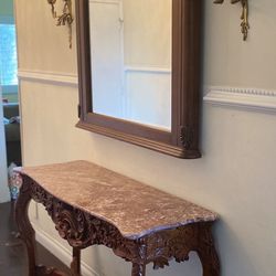 Finely Carved Rosewood/Marble topped console table with Mahogany mirror