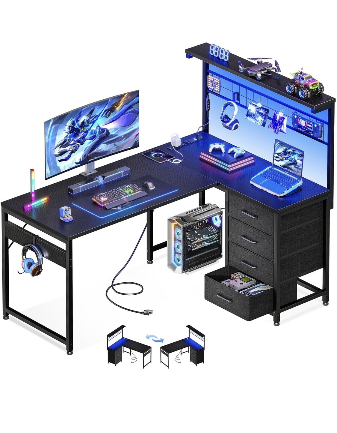 L Shaped Gaming Desk with Shelf & 4 Drawers, 43" Reversible Computer Desk with LED Light, Home Office Table with Hutch and Hook