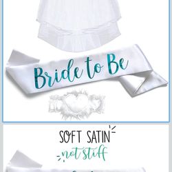 Bride to Be 3pc Sash Set - Sophisticated & Fun Party Favor for Bachelorette Party, Bridal Shower & Wedding Party (3pc Set, White & Teal (Font #2))