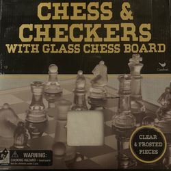 Cardinal Glass Chess & Checkers Set NEW 10" Board w Clear & Frosted Pieces