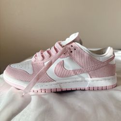 white and pink corduroy Nike Dunks 