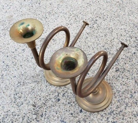 Vintage Mid Century Brass Horn Shaped Candle Stick Holders, Classic Contemporary Modern Art Decor 9 inches tall!