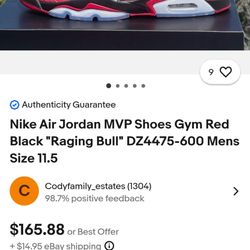 Nike Air Jordan MVP Shoes Gym Red 🍒 Black "Raging Bull" DZ4475-600 Mens Sz.11.5 