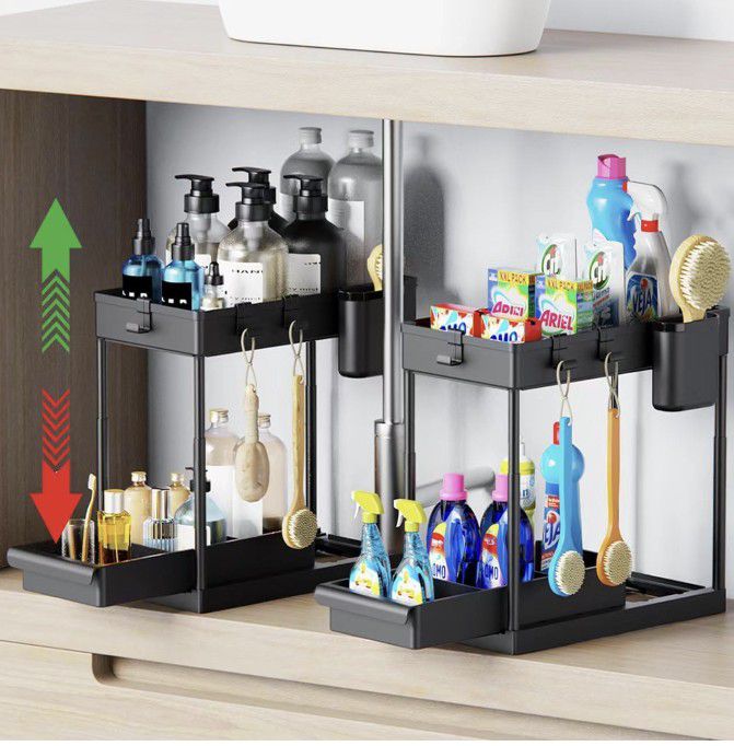 Height Adjustable Under Sink Organizer,2 Pack Black Under Bathroom Cabinet Storage with Hooks Hanging Cup,2 Tier Sturdy Large Capacity Pull Out Drawer