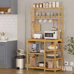 8-Tier Bamboo Bakers Rack Microwave Stand Standing Rack 31.5 x 15.7 x 65 Inches
with Power Outlets 