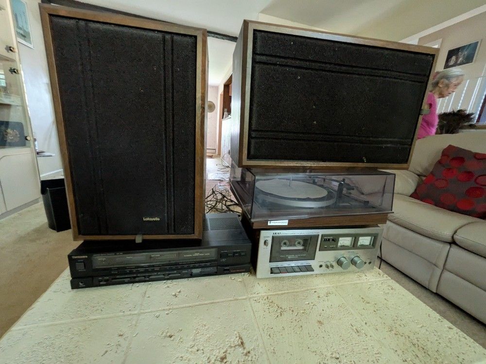 Music System With 2 Lafayette Speakers,Technics Amplifier,Akai Cassette Tape Deck , Kenwood Turn Table
