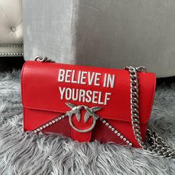 PINKO “Believe in Yourself” Red Suede & Leather Bag with Crystal Details