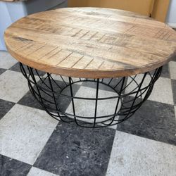 Wood Top, Metal Cage Bottom Coffee Table Good Condition