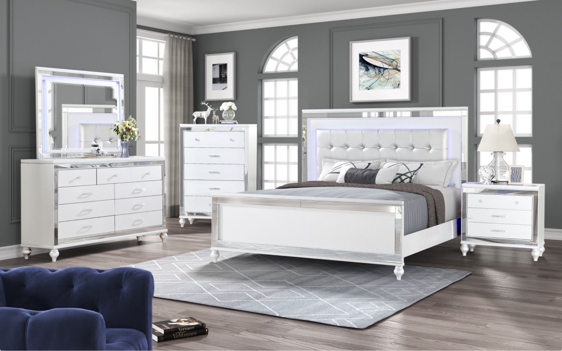 New LED White Bedroom 4pc Set Home Decor Furniture Lehigh