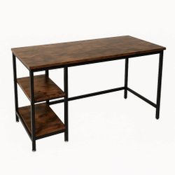 Modern & Industrial Home & Office Computer Desk - 2 Storage Shelves, Retro Brown