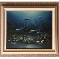 Beautiful Original 3D C.Benolt Dolphin/Sea Oil Painting Framed On Canvas 29 X25”
