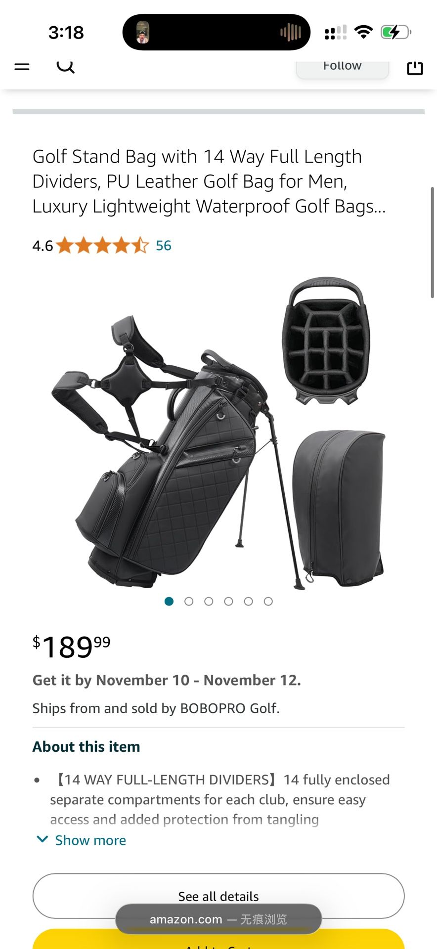 Golf Stand Bag with 14 Way Full Length Dividers, PU Leather Golf Bag for Men, Luxury Lightweight Waterproof Golf Bags with Stand, 6 Pockets & Cooler P