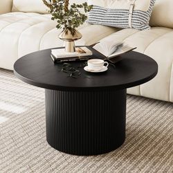 Black Round Coffee Table with Metal Frame, 35.4" Coffee Tables for Living Room, Circle Wood Accent Center Table for Apartment