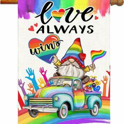 Gay Pride Flag, Pride Flags for Outdoors 28x40 Double Sided, Rainbow Love Always Wins Gnomes on Truck Burlap House Flag, Support Gay Month Gifts Parad
