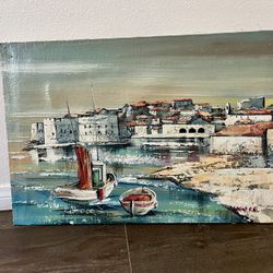 Vintage Mediterranean Harbor Painting on Canvas 16/24 Inch 