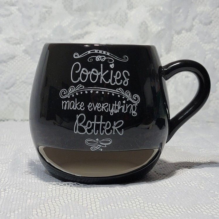 Vintage Black Ceramic Mug with Cookie Holder "Cookies Makes Everything Better"