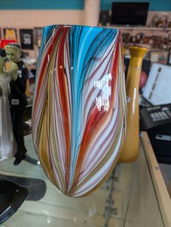 Hand Blown Art Glass Vase Multicolor Swirl Pattern Decorative Display Art