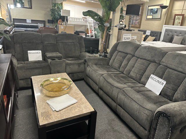 Brand New Dark Gray Chenille Manual Reclining Sofa + Loveseat With Cup Holders