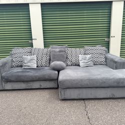 Large Plush Grey Velvet Sectional with Chaise – Deep Seating & Pillows