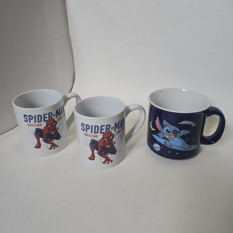 ​NEW 3-Mug Lot! Disney Stitch (20oz Jumbo) + 2 MARVEL Spider-Man Coffee Mugs