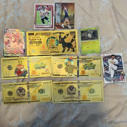 Lote 10 piezas coleccionables Pokémon, NFL, Béisbol, Patinaje y billetes foil dorados - $40 Todo