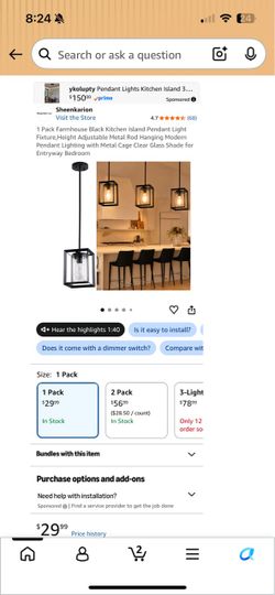 Modern Farmhouse Black Metal Cage Pendant Light Fixture w/ Glass Shade