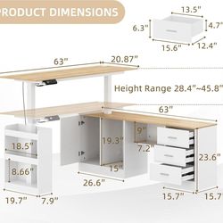 🥨63" W L-Shape Electric Standing Desk with Storage, Height Adjustable Corner Computer Desk with Drawers & Storage Shelves for Home Office, White & Li