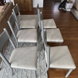 6 Gray Wood spindle dining chairs with upholstered cushion