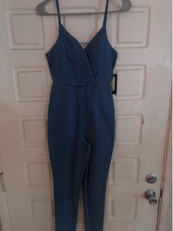 Blue denim spaghetti strap wrap jumpsuit