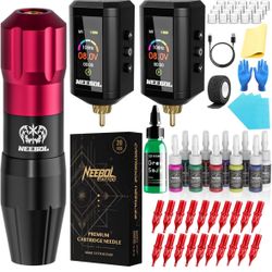 Wireless Tattoo Kit - Complete Set with 2 Color-Display Power Supplies, 20 Needles, 10 Inks 