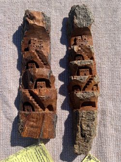 Stunning Vintage Pair of Hand-Carved Cottonwood Bark Pueblo Sculptures Artist Shirley Swan, Young AZ