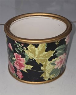 Croscill Black Floral Oval Ceramic Cache Pot, Gold Trim 4"x4". Croscill home decor oval ceramic planter / cachepot. Black background with colorful flo