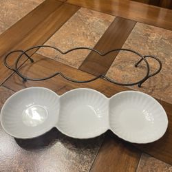 2 piece serving set. White ceramic dish with dark metal base