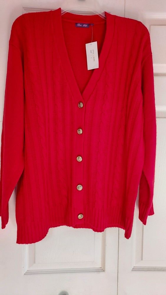 Lucie Sofia Womens Red Cardigan  Cable Knit Large Grandpa Tags