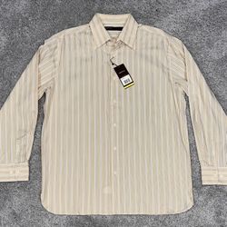 New With Tags! Perry Ellis Men’s Size Medium Beige/White Striped Long Sleeve Causal/Dress Button Down Shirt