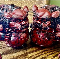 Vintage Red Cinnabar Resin Chinese Foo Dogs/Shishi Guardian Pair —  9" Length x 6" Tall