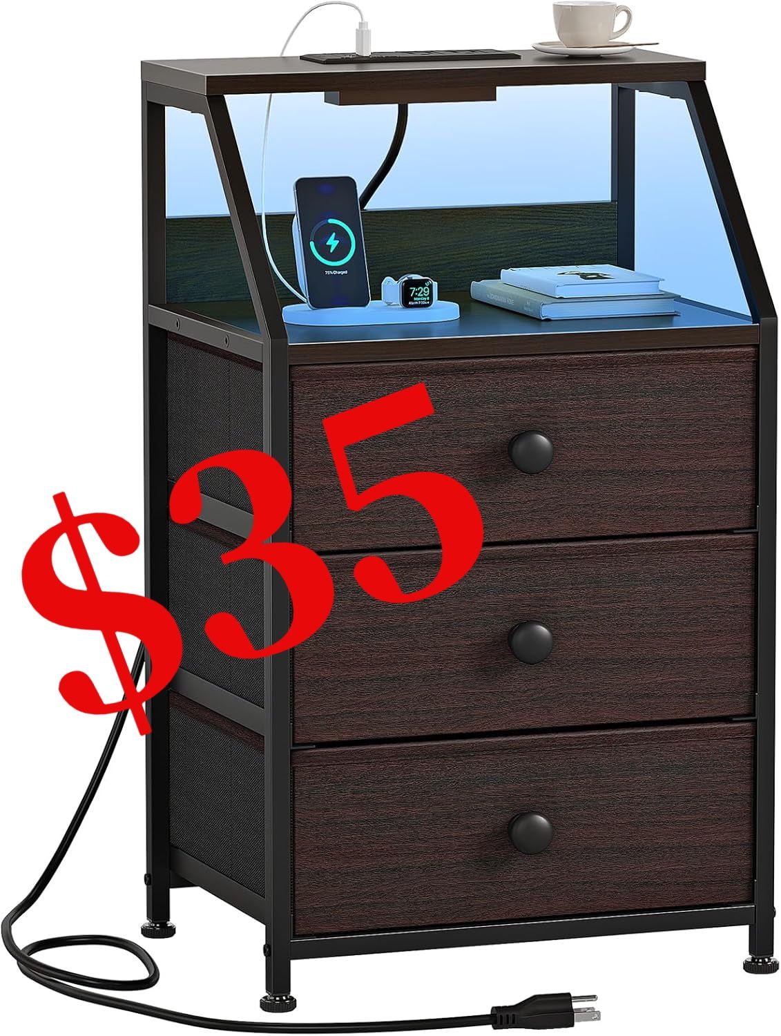 HD014BN-1 Nightstand with Charging Station and Led Light, Tall Brown Bedside Table with 3 Fabric Drawers and 2-Tier Storage Shelves, Modern Night Stan