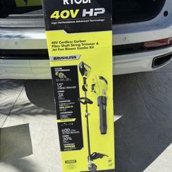 RYOBI 40V HP Brushless 600 CFM 155 MPH Cordless Leaf Blower and Carbon Fiber String Trimmer with 4.0