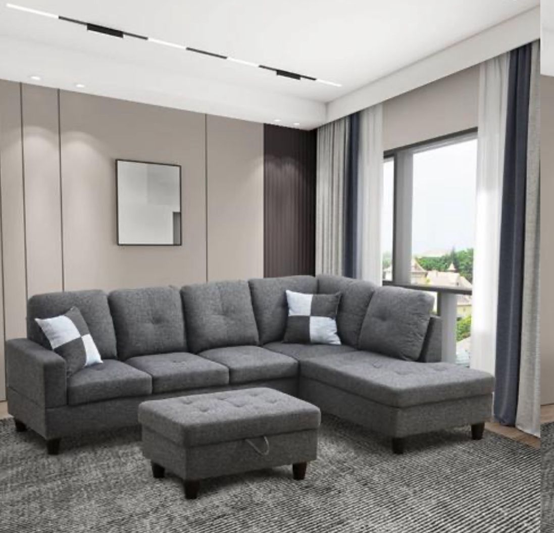 Brand New Charcoal Grey Linen Sectional Sofa With Storage Ottoman